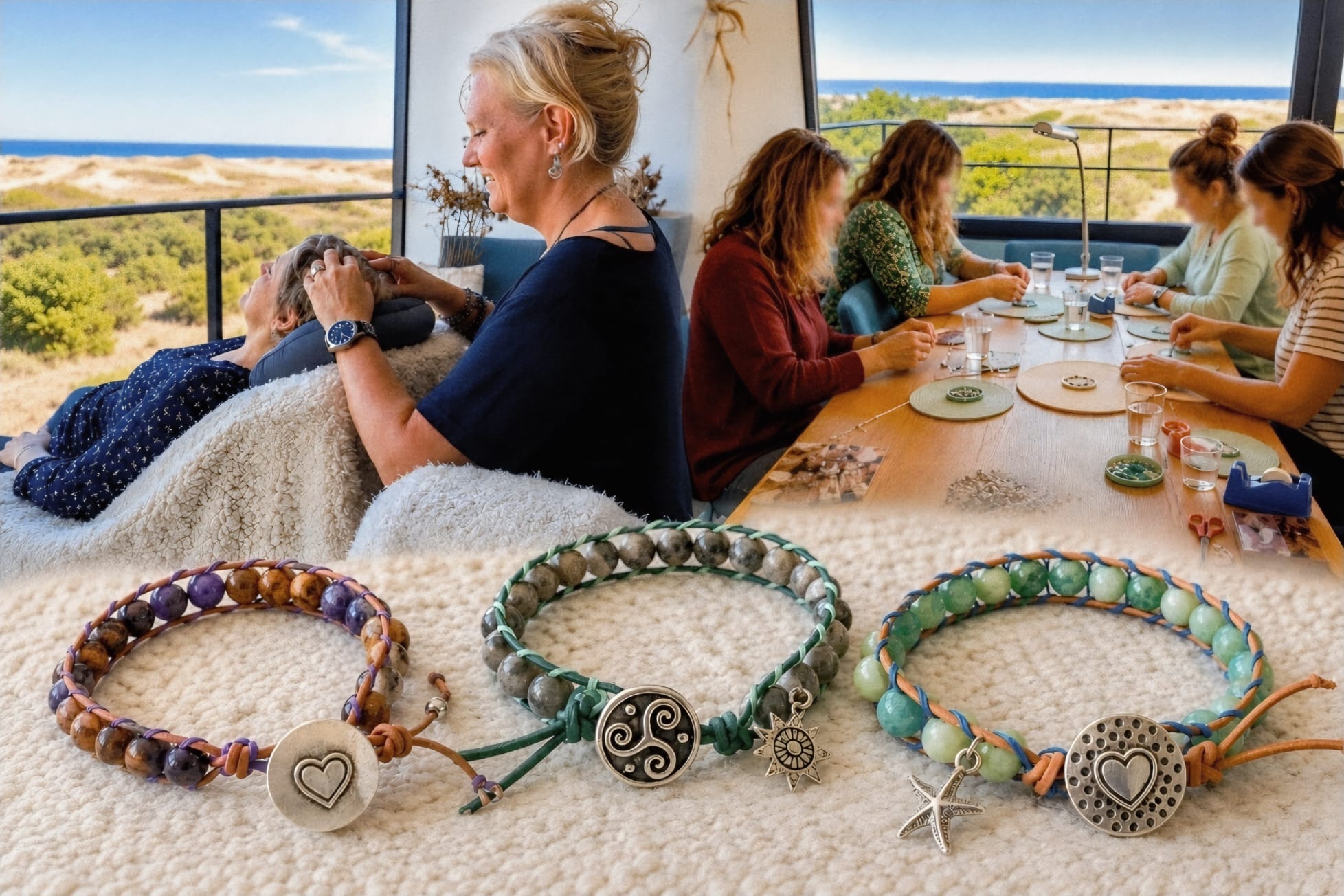 Sieraden deluxe Hoofdmassage en workshop edelsteenarmband maken in Scheveningen Deelnemers maken een edelsteenarmband tijdens een workshop in Scheveningen Ontspannende hoofdmassage tijdens creatieve workshop in Scheveningen Atelier met zeezicht waar een workshop edelsteenarmband wordt gegeven